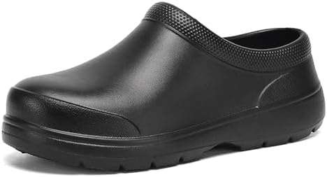 FLIOZY Lichte waterdichte EVA-werkschoenen voor dames en heren, antislip, oliebestendige clogs, robuuste keukenschoenen voor restaurant, ziekenhuis en tuinieren, zwart, 45 EU