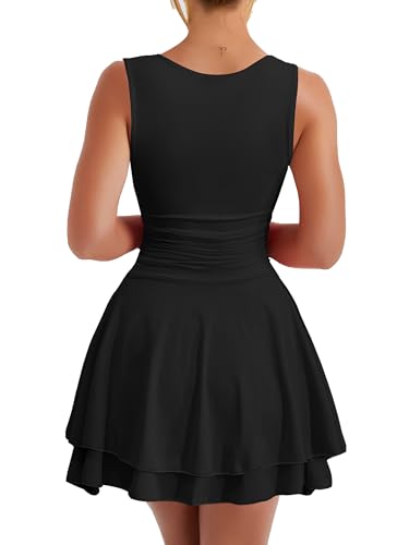 Kaximil Women's Sexy Square Neck Sleeveless Mini Dress Ruched Ruffle Hem Corset Party Dresses2