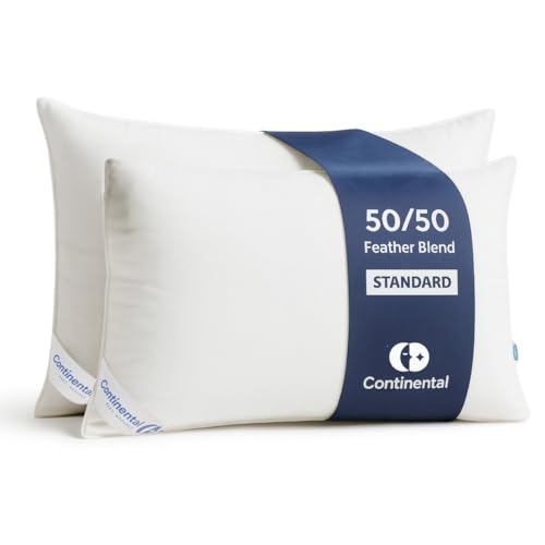 Continental Bedding 50/50 Down Feather Pillow, Fluffy Hotel Quality Side Sleeper Support, Breathable 300TC Cotton, RDS and Oeko TEX Certified