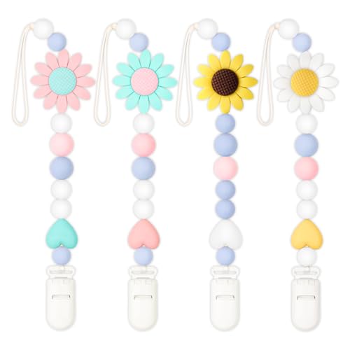 Image of LSTRAGY Silicone Pacifier Clip, 4 Pack Pacifier Holder for Boys and Girls, Adorable Sunflower Pacifier Clips Fits for Most Pacifier, Baby Teethers, Baby Shower and Baby Gift
