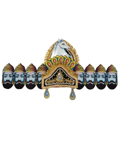 Image of BookMyCostume Ravan Crown with Detachable Face Extension 10 Head Set - Plywood Ramleela Mukut Costume for Dussehra & Fancy Dress Accessory for Adults