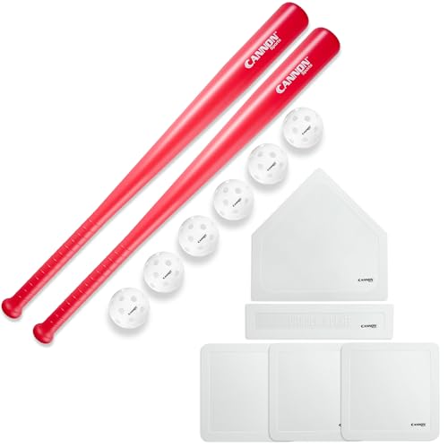 Plastic Baseball Set with Two Bats, 6 Balls and Throwdown Bases (2 Bats + 6 Balls + White Bases, Red)
