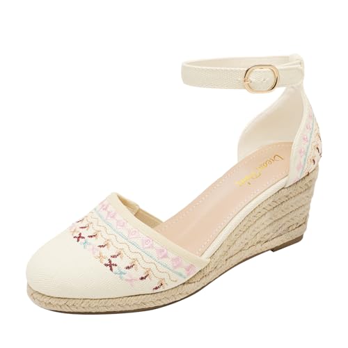 DREAM PAIRS Women's Espadrilles Closed Toe Ankle Strap Dressy Platform Wedge Sandals 9.5 Beige/White