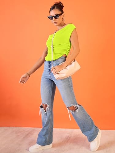 Image of Uptownie Women Top | Stretchable Cowl Neck Ruched Design | Sleeveless & Knitted Fabric for Casual Soft & Comfortable