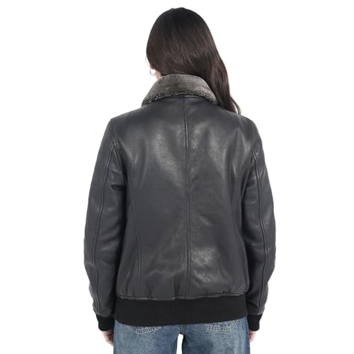 STREGA Womens leather jacket Lambskin Bomber Jacket-detachable snow top faux fur collar Black Leather jacket women.2