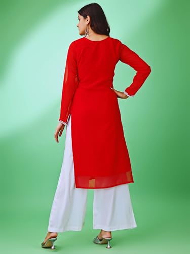 Image of HESVI Women's Georgette White Lakhnavi Chikankari Kurti with Intricate Embroidery Work