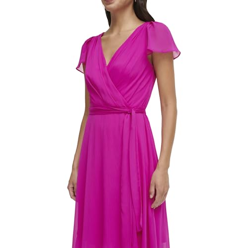 Image of DKNY Women's Flutter Sleeve Surplice Tie Fit & Flare Midi Dress