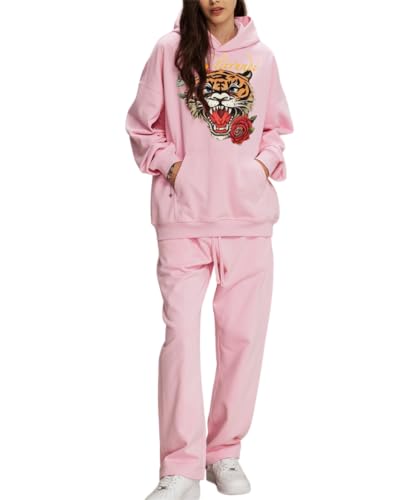 Glitrandi Womens 2 Piece Outfits Sweatsuit Sets Fashion Print Hoodies With Sweatpants Oversized Tracksuit For Women