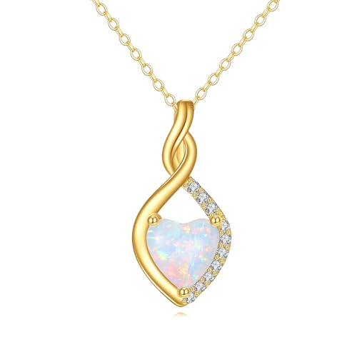 14K Solid Gold Heart Opal Necklace for...