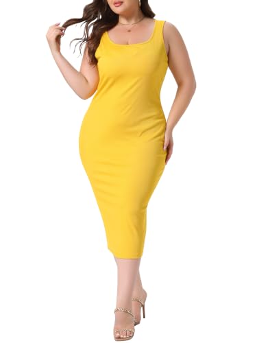 Image of Agnes Orinda Plus Size Dress for Women Summer Sleeveless Square Neck Bodycon Cocktail Sundress Sexy Midi Tank Dress