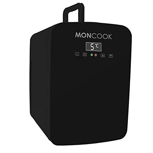 MONCOOK Mini Fridge For Bedrooms - Digital LED Display - Glass Door Mini Fridge For Skincare, Food & Drinks - Cooling & Warming Function - Perfect For Home, Office, Car Or Travel - 15L Black