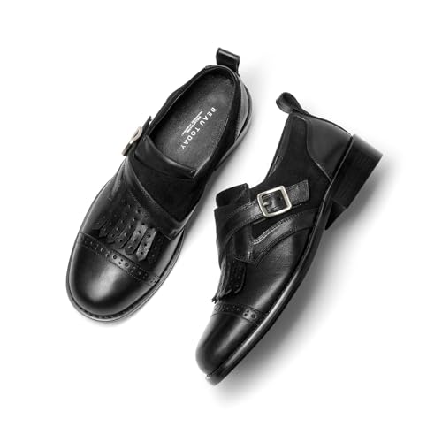Image of BEAU TODAY Women's Leather Loafers, Wingtip Brogue Monk Strap Shoes | Genuine Leather, Round Toe, Low Heel, Metal Buckle, Non-Slip, Comfortable Business Casual Flats for Work and School