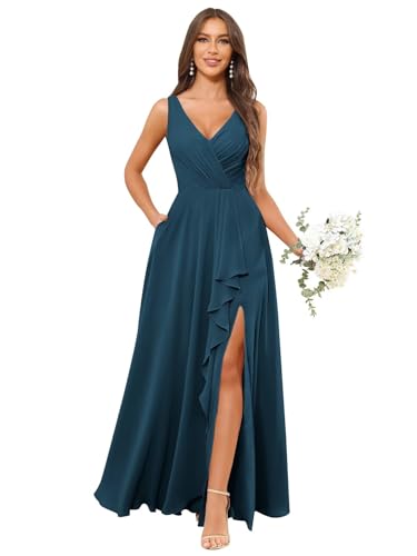 Image of HANVAIOS Long Chiffon V Neck Bridesmaid Dresses for Women Formal Dress with Pocket