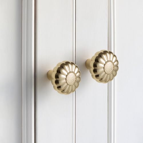 Image of YAGU 10 Pack Sunflower Polished Brass Kitchen Cabinet Knobs 1-1 /5 Inch Round Dresser Drawer Knob Bright Gold Furniture Hardware Shiny Brass Pulls for Closet Cupboard Wardrobe