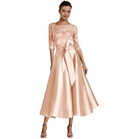 Xtulle Elegant Satin Mother of The Bride Dresses with Pockets Lace Appliques Wedding Guest Dress for Women Tea Length Formal Gowns with Bow Rose Gold Cover