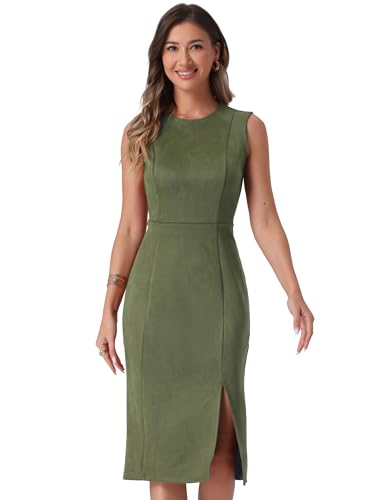 Image of Allegra K Faux Suede Dresses for Women's Sleeveless Crewneck Split Hem Work Office Sheath Dress