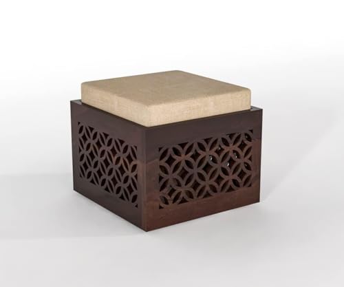 Image of Solid Sheesham Wood Square Shape Ottoman Pouffes for Sitting Foot Rest Puffy Stools for Living Room (Walnut CNC)
