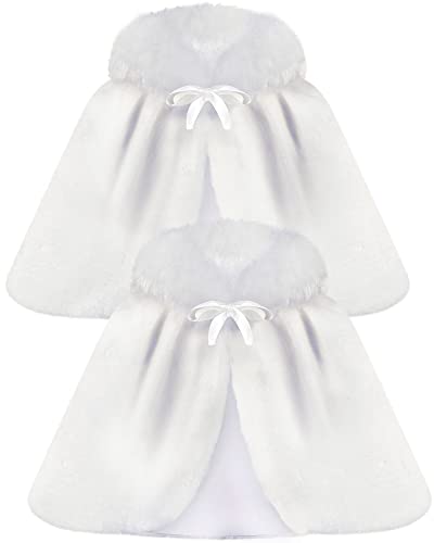 2 Pcs Flower Girls Wrap Shawl Faux Fur Girls Princess Shoulder Cape Wedding Bridesmaid Tippet Stole Faux Fur Bolero Shrug for Wedding Birthday Costume Party Evening Dress up White