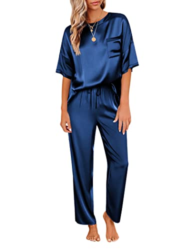 Image of Ekouaer Womens Satin Silky Pajama Set Short Sleeve Shirt with Long Pajama Pant Set Soft PJ Loungewear
