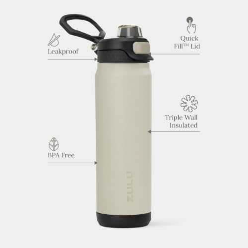 Image of ZULU Powerfill Pro 24oz Stainless Steel Water Bottle with Quick Fill Lid, Triple Walled Vacuum Insulated Metal, Leak Proof Locking Lid, Sip and Chug, Reusable BPA Free, Ash