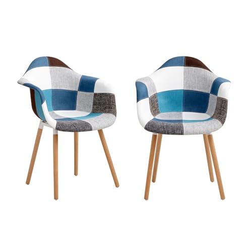 HJhomeheart Lot de 2 Chaises de Salle à Manger en Tissu Patchwork avec Accoudoirs, Fauteuil Design Moderne, Chaise de Cuisine Scandinave en Bois de Hêtre...