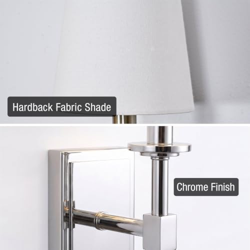 Image of Kira Home Torche 20 inch Mid Century Modern Wall Sconce for Bathroom Vanity | Tapered White Linen Shade, Chrome Candle Wall Light with Elongated Tail, Chrome Finish