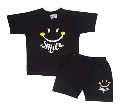Image of 'Mom+Dad' - 'Smile' - 'D7' Text Printed Cotton Baby Black Clothing Sets /Tshirt-Shorts 3 different designs (Boys /Girls Born Baby to 6 Years) (0-3Months)