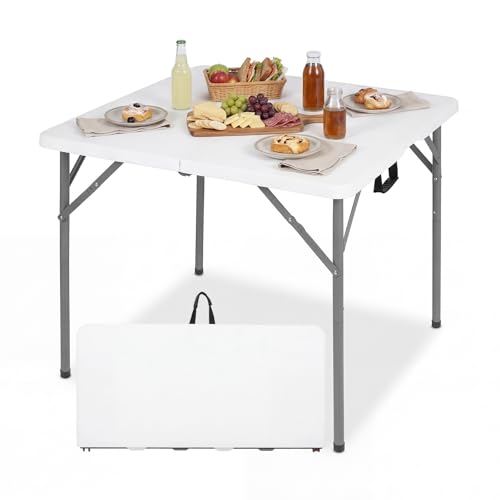 COSTWAY 34(3ft) Folding Table Fold in Half Square Tables with Handle Portable Plastic Dining Camping Trestle Table for Indoor Outdoor Use 100kg Capacity (White + Silver)