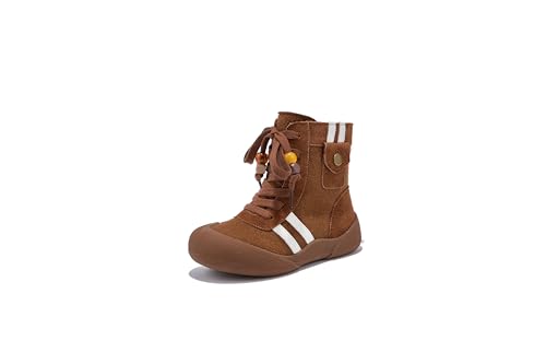 Kids High-Top Suede Boots with Side Pocket, Double Stripes, Brown and Black, Wooden Bead Laces