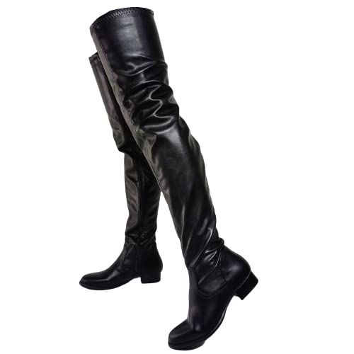 Frankie Hsu Punk Chunky Over Knee Boots, Plain Flat Black Synthetic Leather Low Heels Thigh Style, Fashion Big Large Size Designer Heeled Long Tall Shoes For Women Men