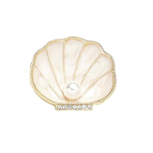 Image of Enamel Shell Pearl CZ Brooch Pin for Women Gold-Toned Chic Clear Crystal Ocean Seashell Texture Conch Sectored Rhinestone Brooches Lapel Pins Dress Accessories Fashion Holiday Beach Party Jewelry