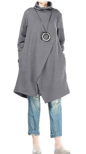 Minibee Women's Long Sleeves Dress Cowl Neck Pullovers Irregular Hem Sweater Dress with Pockets