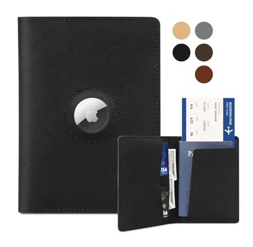 Airtag Passport Holder for Men and Women Travel, Real Leather Passport Wallet, Handmade Passport Cover Case with Airtag Slot, Travel Must Haves Essentials Accessories Birthday Gifts(Crazy Horse,Black)