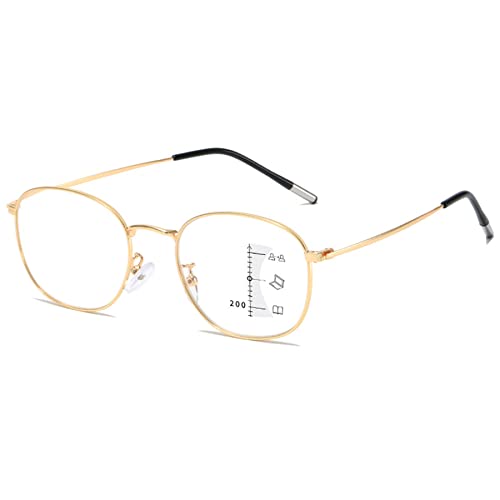 Lanomi Round Varifocal Reading Glasses Metal Thin Frame Blue Light Blocking Progressive Multifocus Computer Readers Flexible Titanium Multifocal Eyeglasses for Women Men Multifocus Gold 1.5