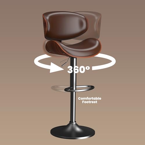 Image of YaFiti Bar Stools Set of 4, Bar Stools for Kitchen Island with Bentwood Back and Leather Seat, Swivel Barstools for Kitchen Counter, Bar, Brown