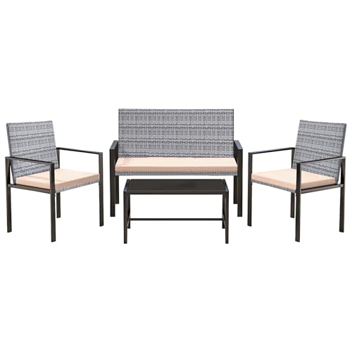 bigzzia Rattan Garden Furniture Set, 4 piece Patio Rattan furniture sofa Weaving Wicker includes 2 Armchairs,1 Double seat Sofa and 1 table (New Gray Set)