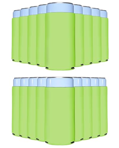 Image of PartyPrints 25 Pack Neon Green Blank Slim Can Cooler Sleeves | Plain Seltzer Customizable Bulk Coolers for Beer Bottles & 12oz Tall Cans | Skinny Collapsible Drink Insulated Sleeve