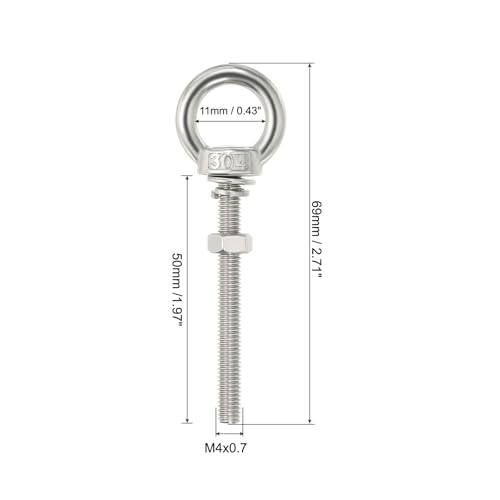 Image of uxcell M4*50 3 /16 inchx1.97 inch Stainless Steel Eye Bolts Threaded Screw Eyebolt Shoulder Ring with Nuts Washers for Lifting Hanging, 2 Set