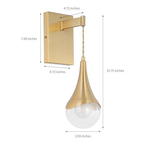 Dijiahua W-JDH087 Gold Sconces Set Of 2, Modern Brass Wall Sconces Lighting Fixtures With Glass Teardrop Shade,Indoor Decor Wall Mount Cord Lamp thumb #3