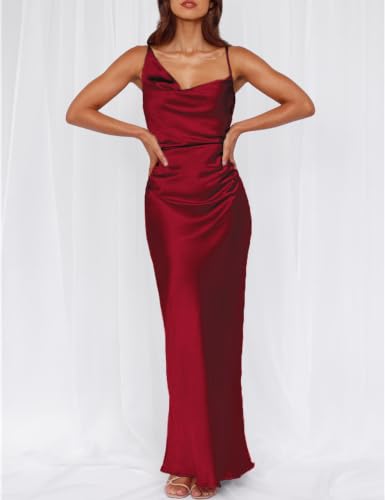 Image of Formal Satin Silk Spaghetti Strap Maxi Dresses for Women Wedding Guest