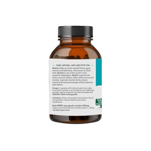 A TATA Product - Organic India Brahmi - 180 Veg Capsules, Naturally Promotes Concentration & Memory, Mental Fitness, Reduces Stress & Anxiety, GMP & NPOP Certified Organic