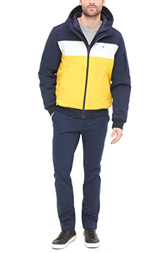 Image of Tommy Hilfiger Men's Soft Shell Fashion Bomber With Contrast Bib and Hood