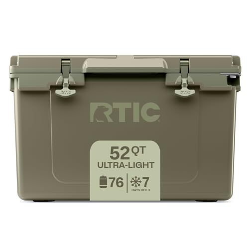 RTIC Ultra-Light 52 Quart Hard Cooler Insulated Portable Ice Chest Box for Beach, Drink, Camping, Picnic, Fishing, Boat, Barbecue, 30% Lighter Than Rotomolded Coolers, Olive