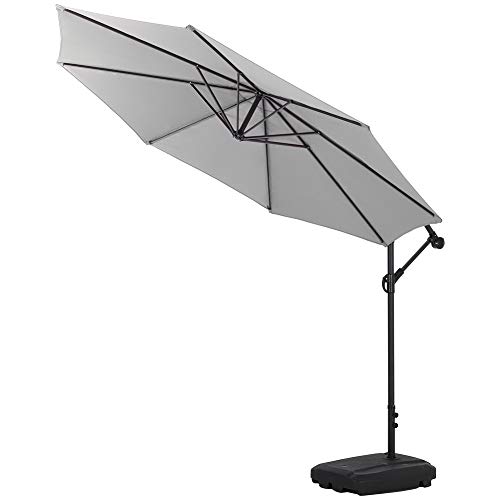 The Fellie Garden Parasol with 60L Water Sand Filled Base, Cantilever Umbrella with Crank Handle for Outdoor Sun Shade Patio Banana Umbrella, 3M-Light Grey