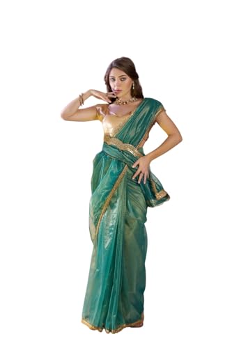 Shiv Textiles Women's Twill Net Lace Border Saree(Klis-918-Green)