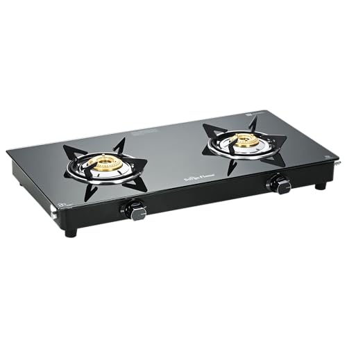 Image of Surya Flame Maestro 2-Burner Gas Stove, Toughened Glass Top, 2 Tri-Pin Brass Burners, Manual Ignition, 69%+ Efficiency, ISI Certified