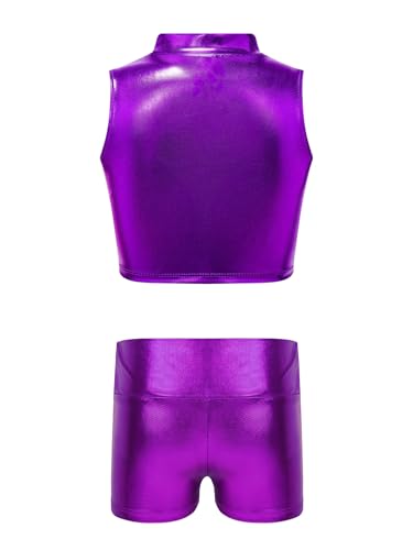 Kids Girls 2pcs Shiny Metallic Gymnastics Dance Tracksuit Sleeveless Mock Neck Crop Top Vest And Boy Shorts Set Purple 10 Years2