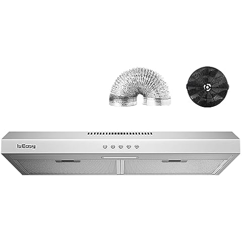 IsEasy Range Hood 30 Inch Under Cabinet, Kitchen Stove Vent Hood, Ducted Convertible Ductless Range Hood with 3-Speed Exhaust Fan, Stainless Steel, Reusable Filters, LED Light and Carbon Filter Cover