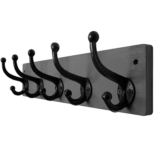 WEBI Percheros Pared Madera,Percha Pared,5 Ganchos de Hierro Fundido,Colgador Pared Para Abrigos,Chaqueta,Gris