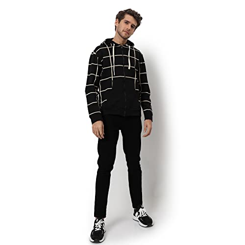 Image of CAHOOT Men's Dark Blue Zip-Front Hoodie with Contrast Drawstring for Casual Wear | Long Sleeve | Hooded Neck | Zipper Closure | Cotton Sweatshirt Crafted with Comfort Fit for Everyday Wear